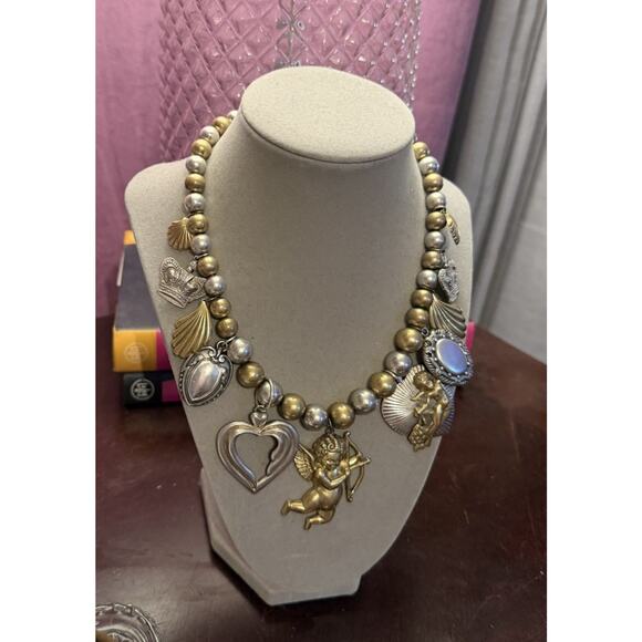 Vintage Antique Mixed Metal Silver Brass Gold Antique Cupid Heart Charm Necklace - Picture 7 of 7